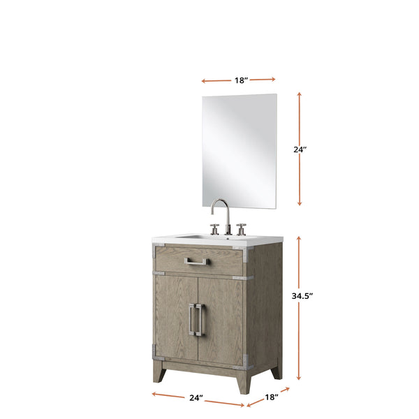 English Elm Grey Oak Single Bath Vanity 24"W x 18"D with Acrylic Countertop, 18" Mirror & Chrome Faucet Set — Durable, Hand-Finished Appearance B2731S02001