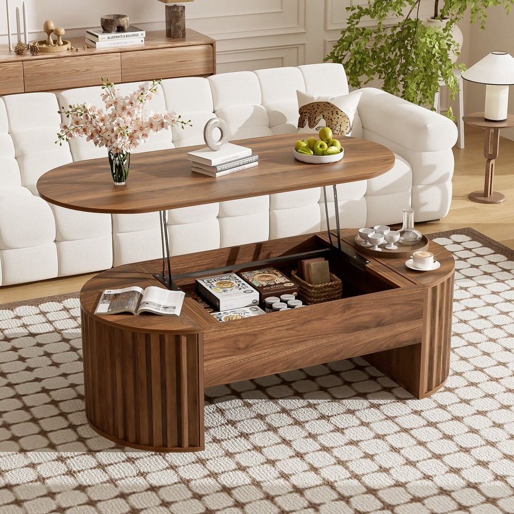 English Elm U-Can Elliptical Lift Top Coffee Table with Hidden Storage, Hydraulic Lift, Wood-Grain Modern Design Brown N724P308481D