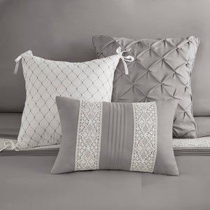 JLA Home Madison Park - 7 Vintage Lace Trim Comforter Set with Pillows — Farmhouse Pintuck Texture, Hypoallergenic, Machine Washable Grey MP10-8345