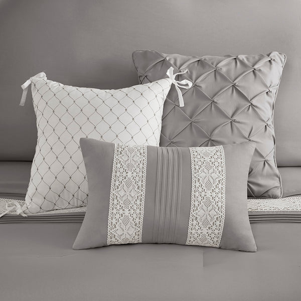 JLA Home Madison Park - 7 Vintage Lace Trim Comforter Set with Pillows — Farmhouse Pintuck Texture, Hypoallergenic, Machine Washable Grey MP10-8345