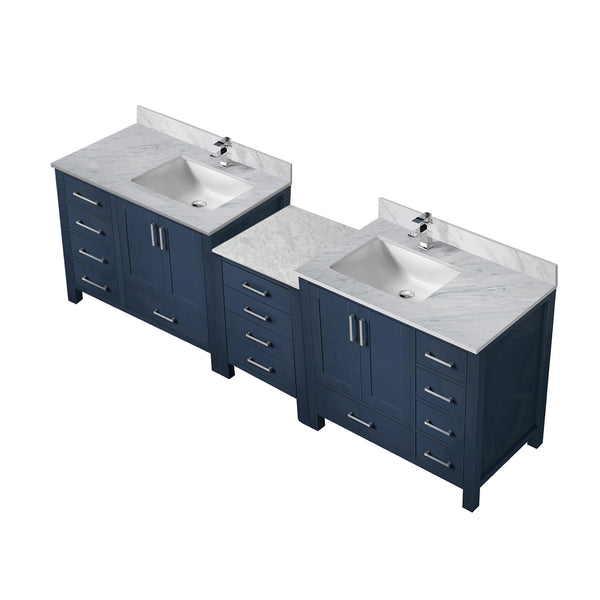 English Elm Navy Double Bath Vanity 92" W x 22" D with Carrara Marble Top, 14 Drawers, Soft-Close, Faucet Set B2731S01191