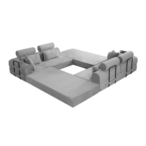 English Elm L Shaped Corduroy Sectional Sofa Converts to Sleeper Bed Space Saving Modular Couch Light Gray W5532S00003