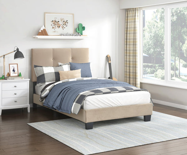 English Elm 1pc Twin Platform Bed Velvet Upholstered Button-Tufted Headboard Adjustable Height Low-Profile Solid Wood Frame 42" x 79.5" Light Brown 44.5 L x 26 W x 5 H B011P203575