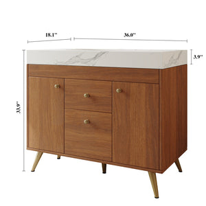 English Elm 36" Freestanding Bathroom Vanity Sintered Stone Top Ceramic Sink Stainless Steel Legs Gold,Walnut,White W3136S00074