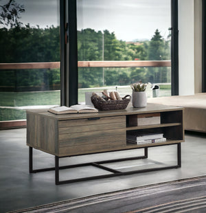 English Elm Homare Rustic Oak Coffee Table with Black Metal Legs, 1 Door & 2 Open Shelves, Adjustable Height B2726P281466