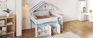 English Elm Full Size Pine Loft Bed with House Canopy Roof Built in Shelves and Storage Cabinet N7090005012C