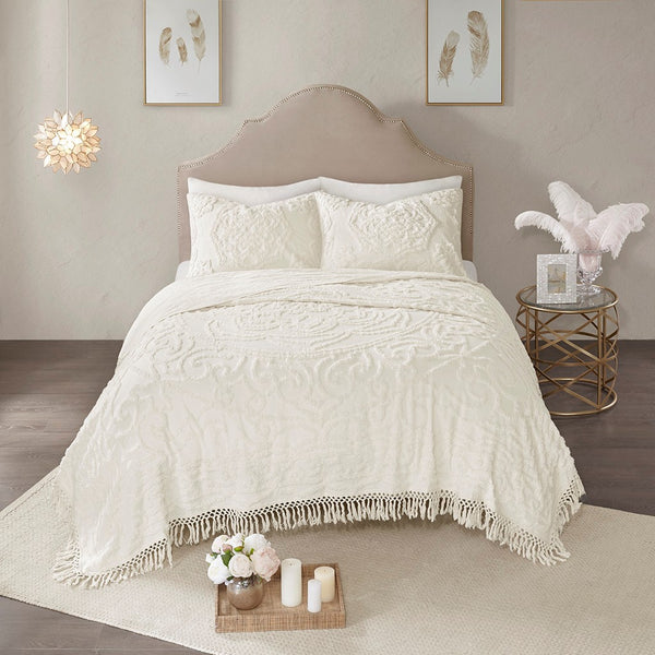 English Elm Tufted Cotton Chenille Medallion Fringe Coverlet Set Full/Queen – Boho Shabby Chic OEKO-TEX Quality Off White 18.11 L x 16.14 W x 5.12 H B03597523