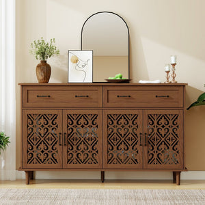 English Elm 4 Door Sideboard Buffet with Hand Carved Geometric Panels Black Oak Finish Raised Legs W688P359947