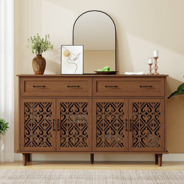 English Elm 4 Door Sideboard Buffet with Hand Carved Geometric Panels Black Oak Finish Raised Legs W688P359947