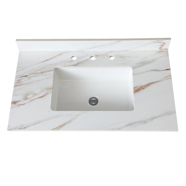 English Elm 37 Inch Marble Vanity Top - Elegant Carrara White Finish With Undermount Sink & 4" Backsplash Design W2699P192442