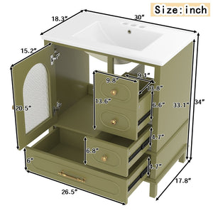 English Elm 30" Freestanding Bathroom Vanity Solid Wood Cabinet Ceramic Basin 3 Drawer Storage Green W1580P382512