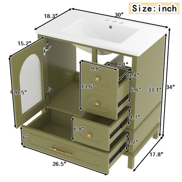 English Elm 30" Freestanding Bathroom Vanity Solid Wood Cabinet Ceramic Basin 3 Drawer Storage Green W1580P382512