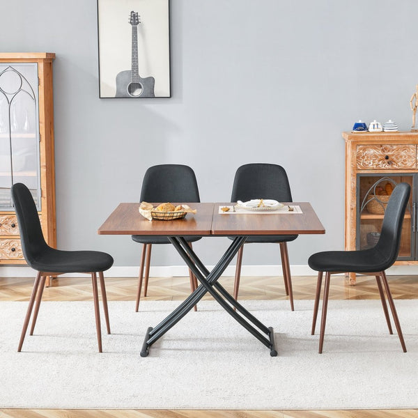 English Elm Table And Chair Set - Modern Adjustable Lift-Top Design, Walnut Mdf With Black Metal Legs & 4 Chairs W1151S03776-GIGA