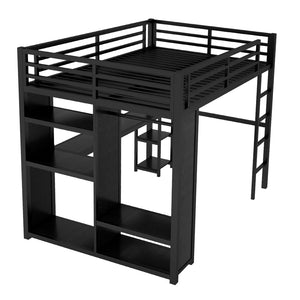 English Elm Queen Size Loft Bed Frame With Integrated Wardrobe, Desk & Shelves - Space-Saving Black Design W1580S00105-GIGA