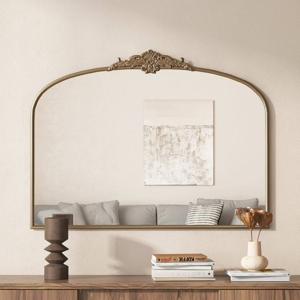 English Elm Vintage Arched Antique Brass Wall Mirror with Baroque Scrollwork for Entryway or Fireplace W2263P447430