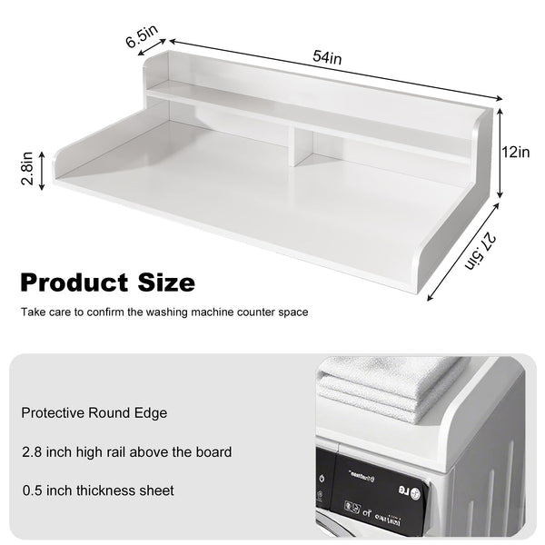English Elm 2-Tier Washer and Dryer Countertop 54" x 27.5" Laundry Topper with 2.75" Guard for Folding Space White W3101P351070
