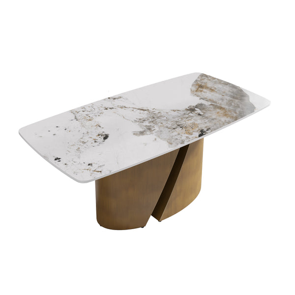 English Elm 70.86 "Elegant Curved Pandora Dining Table With Durable Sintered Stone Top & Bronze Iron Legs For 8" W1535S00615