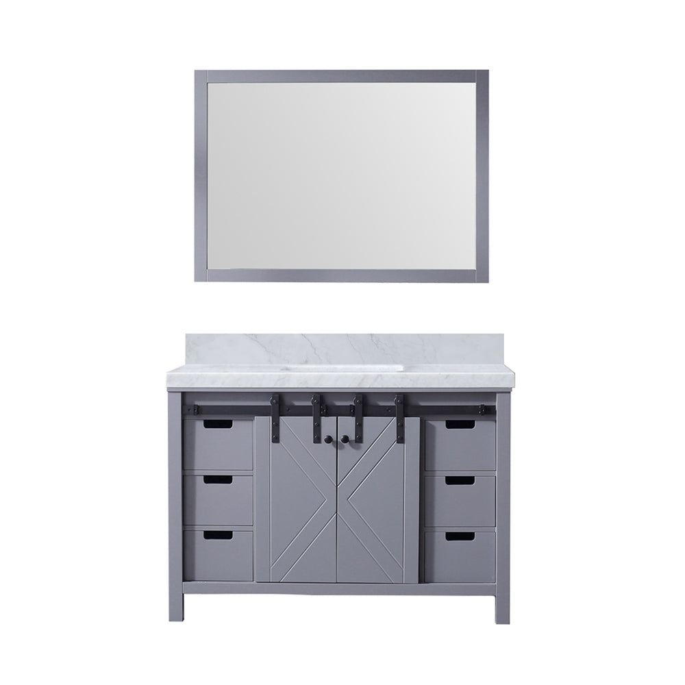 English Elm Dark Grey Bath Vanity Set With Carrara Marble Top & Matching Mirror - Elegant Storage Solution! B2731S00716