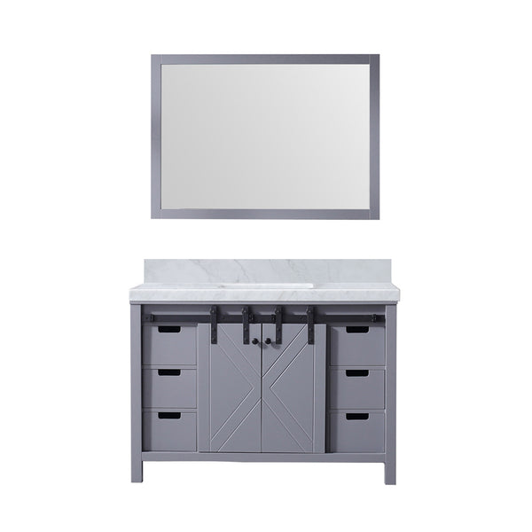 English Elm Dark Grey Bath Vanity Set With Carrara Marble Top & Matching Mirror - Elegant Storage Solution! B2731S00716