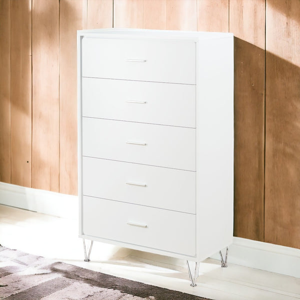 English Elm White 5-Drawer Chest For Modern Storage | Crisp Finish, Polished Chrome Legs & Effortless Access B062P209028-GIGA