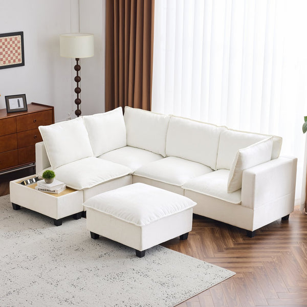 English Elm 90" U-shaped Sectional Sofa Modular Couch with Movable Ottoman, Hidden Charging Coffee Table, Durable Comfort White N719S001780K
