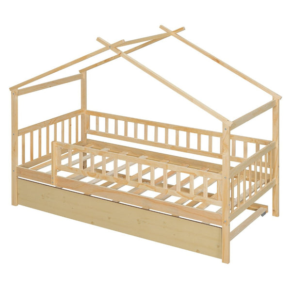 English Elm Twin House Bed with Trundle Solid Pine Frame Walnut Kids Bedroom Sleepover N708P357115N