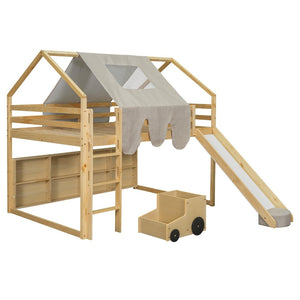 English Elm Full Size Kids House Loft Bed Pinewood Frame with Tent Slide and Play Storage Natural LT000683AAD