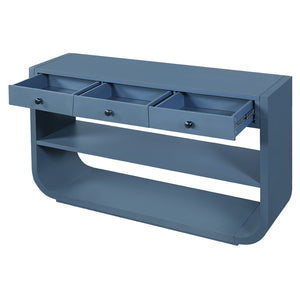 English Elm [video] Sculptural Console Table Pine Wood Curved Legs Soft-close Drawers Open Shelving Entryway Blue N759P433560C