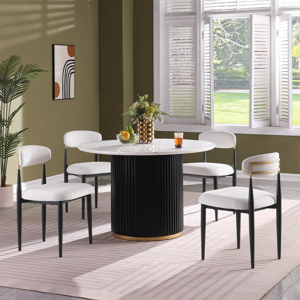English Elm Modern Round Faux Marble Dining Table Set Seats Four Chenille Chairs Gold Accent W5739S00005