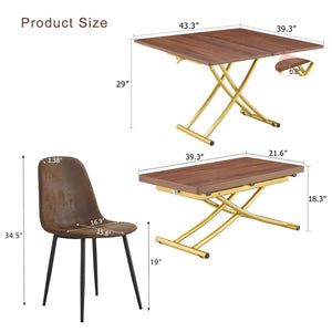 English Elm Table and Chair Set Adjustable Height Mdf Wood Grain Top with 4 Upholstered Seats Brown,Golden W1151S04092