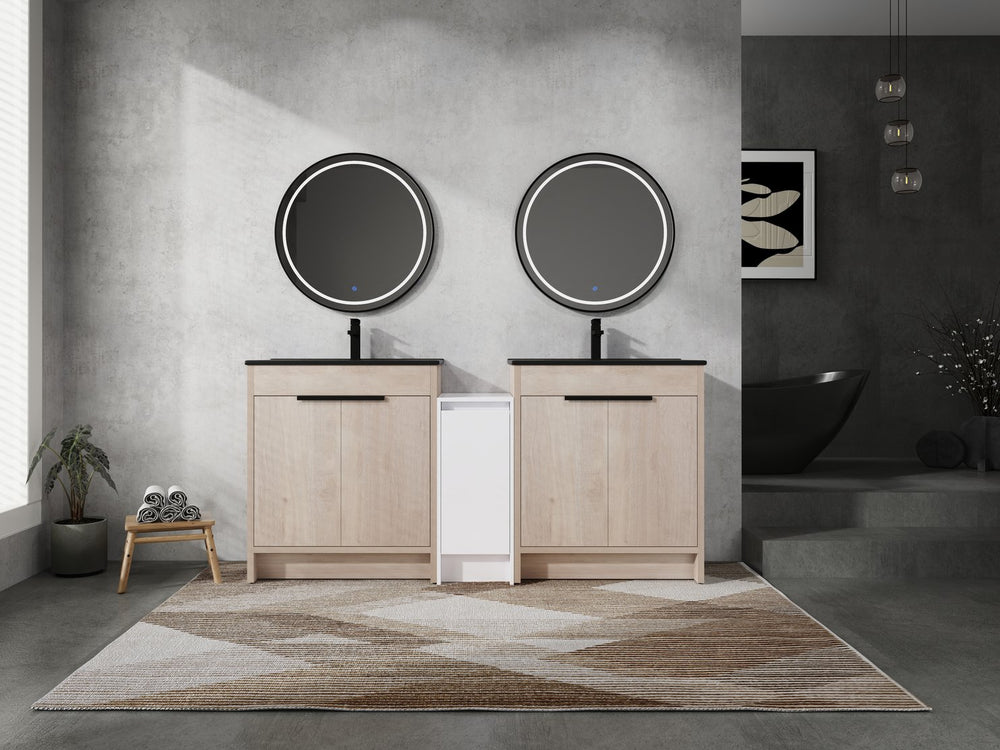 English Elm 72 Inch Freestanding Bathroom Vanity Set With Black Ceramic Sinks, Soft-Close Doors & Storage Solutions W999S00319