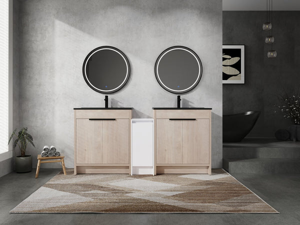 English Elm 72 Inch Freestanding Bathroom Vanity Set With Black Ceramic Sinks, Soft-Close Doors & Storage Solutions W999S00319