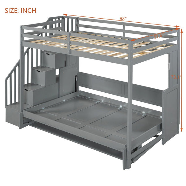 English Elm Full Over Murphy Bunk Bed with Hydraulic Lift Desk and Staircase Storage Gray LP200698AAE