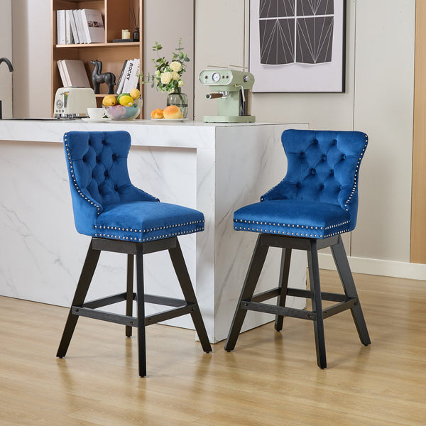 English Elm Swivel Velvet Barstools with Tufted Button Back, 360° Rotate, Plush Foam & Rubberwood Frame Blue W1143P241331