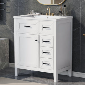 English Elm 30" Modern Bathroom Vanity with Sink Combo — Solid Rubberwood & MDF, 3 Drawers, Freestanding Contemporary Design White N725P246482K