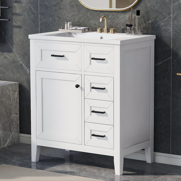 English Elm 30" Modern Bathroom Vanity with Sink Combo — Solid Rubberwood & MDF, 3 Drawers, Freestanding Contemporary Design White N725P246482K