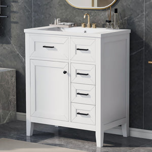 English Elm 30" Bathroom Vanity With Sink Combo, White Bathroom Cabinet With Drawers, Solid Frame and Mdf Board