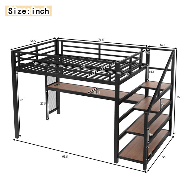 English Elm Full Loft Bed With Integrated Desk, Storage Stairs, Led Lights & Usb Ports For Modern Spaces W1580S00478