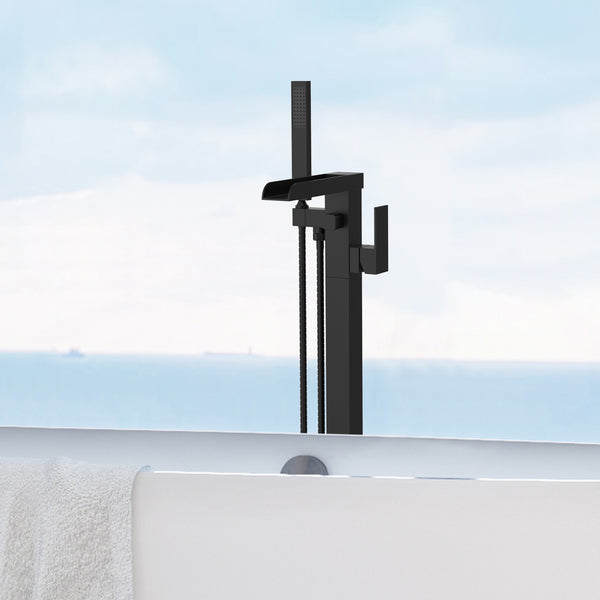 English Elm Thermostatic Black Freestanding Bathtub Faucet Floor Mount Brass Waterfall Tub Filler w/Handshower T3177P277531