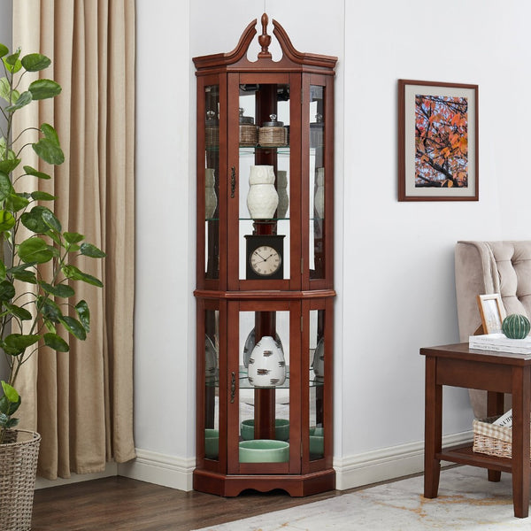 English Elm Walnut Corner Display Cabinet with Mirrored Back Lit Glass Shelves for Living Room W1693P176659