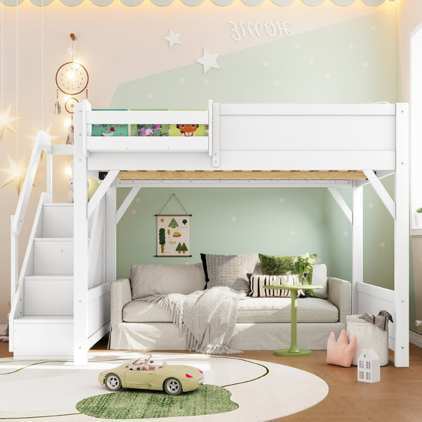 English Elm Twin Low Loft Bed Solid Pine Frame Kids Study Desk Blackboard Storage White Light White W1580S00468