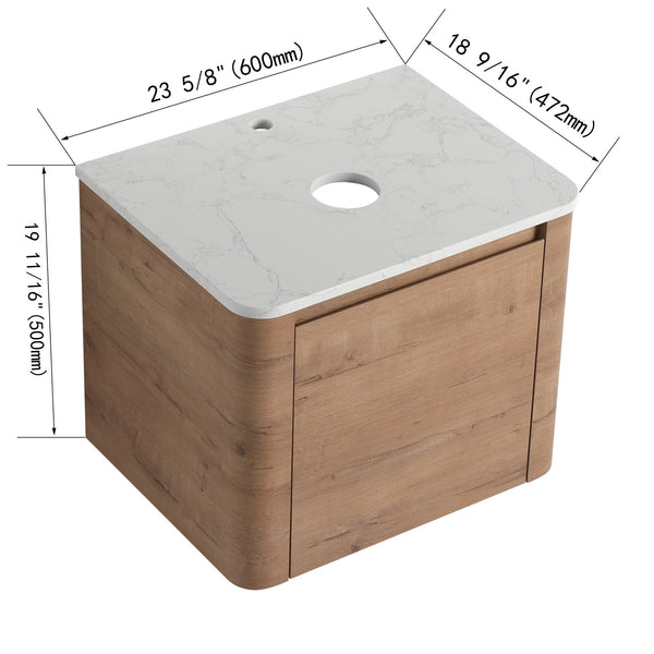 English Elm 24'' Wall-Mounted Bathroom Vanity with Soft-Close Door, Rounded Edges, Plywood Build, Space-Saving Design Imitative Oak W999P348976
