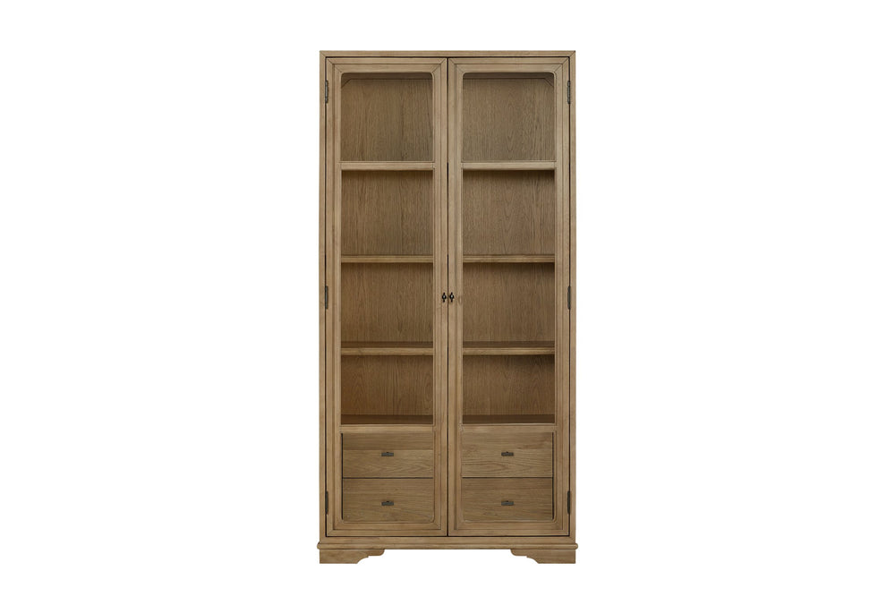 English Elm Tall Display Cabinet with Glass Doors and Drawers, Cashew Hickory Veneer for Elegant Storage & Décor Light Tan 43.5 L x 20 W x 85 H B2699P383821