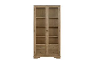 English Elm Tall Display Cabinet with Glass Doors and Drawers, Cashew Hickory Veneer for Elegant Storage & Décor Light Tan 43.5 L x 20 W x 85 H B2699P383821