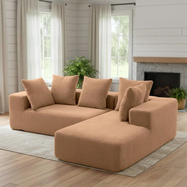 English Elm Full Foam Modular L-shaped Sectional Sofa Flannelette Upholstered with Five Throw Pillows Brown W3326S00025