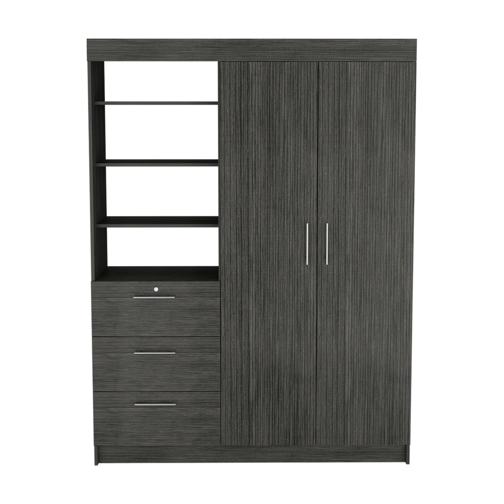 English Elm Kenya Smokey Oak 3-Drawer Armoire with Double Doors, 3-Tier Shelves, Hangers & Metal Handles B200S00377