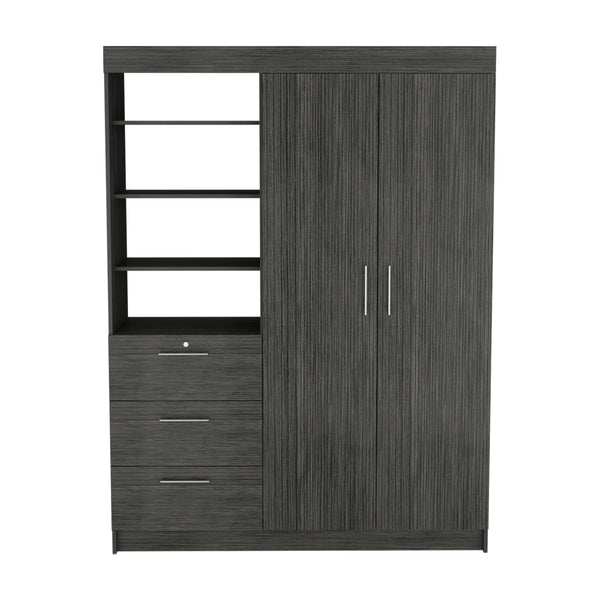English Elm Kenya Smokey Oak 3-Drawer Armoire with Double Doors, 3-Tier Shelves, Hangers & Metal Handles B200S00377