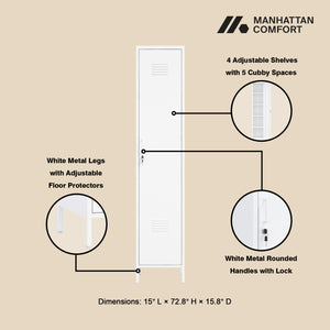 English Elm Naomi 15" Metal Storage Cabinet with Lockable Vent Door, 4 Adjustable Shelves, Slim Steel Design White B365P397850