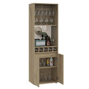 English Elm Redding Floor Bar Cabinet with Wine Cubbies Glass Rack and Open Display Shelves B128S00156