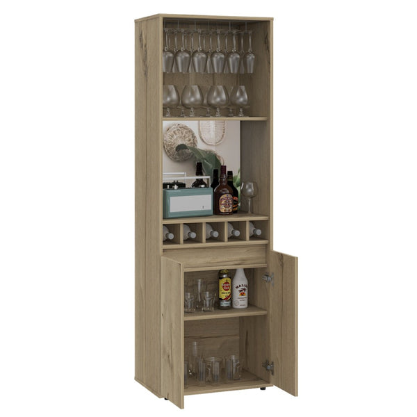 English Elm Redding Floor Bar Cabinet with Wine Cubbies Glass Rack and Open Display Shelves B128S00156